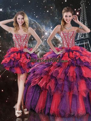 Floor Length Lace Up Quinceanera Gowns Multi-color for Military Ball and Sweet 16 and Quinceanera with Beading and Ruffles and Ruffled Layers