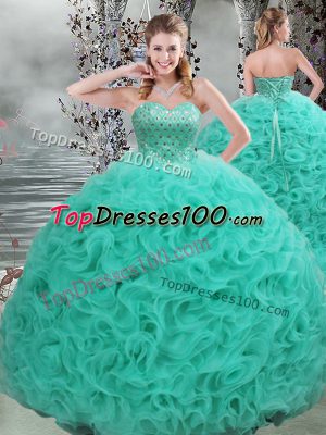 Turquoise Sweet 16 Dresses Fabric With Rolling Flowers Brush Train Sleeveless Beading