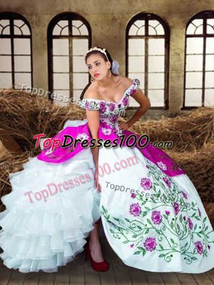 Customized Multi-color Ball Gowns Embroidery and Ruffled Layers Sweet 16 Dress Lace Up Taffeta Sleeveless Floor Length