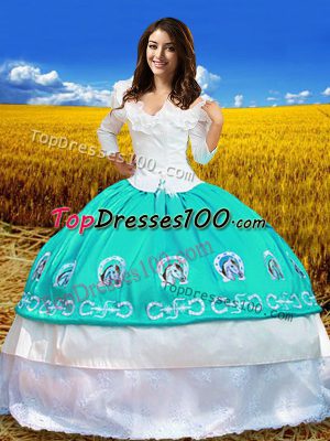 New Style Taffeta Off The Shoulder 3 4 Length Sleeve Lace Up Embroidery Quinceanera Gowns in Aqua Blue