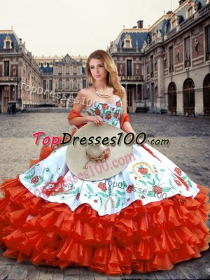 Hot Selling Sleeveless Organza Floor Length Lace Up 15 Quinceanera Dress in Orange Red with Embroidery and Ruffled Layers