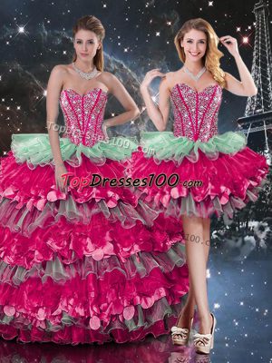 Multi-color Ball Gowns Sweetheart Sleeveless Organza Floor Length Lace Up Beading and Ruffles and Ruffled Layers Sweet 16 Dress