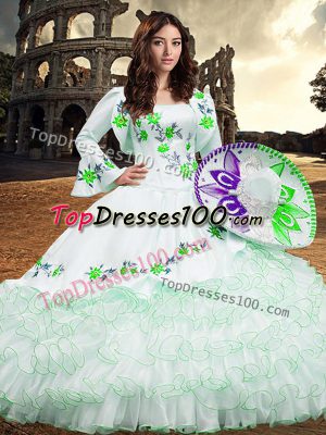 Sumptuous Square Long Sleeves Ball Gown Prom Dress Floor Length Embroidery and Ruffled Layers White Organza