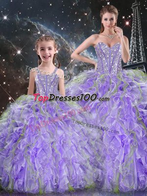 Elegant Floor Length Lace Up Quinceanera Dress Lavender for Military Ball and Sweet 16 and Quinceanera with Beading and Ruffles