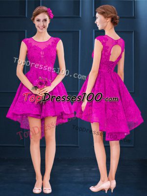 Beautiful Fuchsia Scoop Lace Up Lace and Belt Wedding Guest Dresses Sleeveless