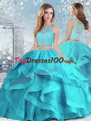 Artistic Beading and Ruffles Quince Ball Gowns Aqua Blue Clasp Handle Sleeveless Floor Length