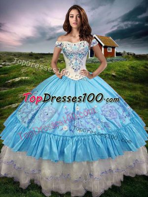Chic Baby Blue Ball Gowns Beading and Embroidery and Ruffled Layers Quinceanera Gowns Lace Up Taffeta Sleeveless Floor Length