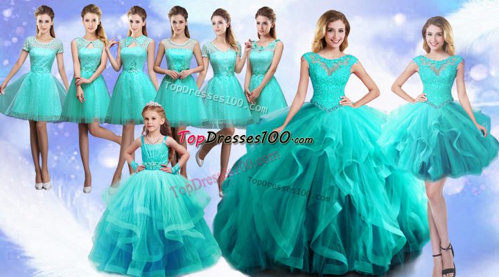 Smart Tulle Scoop Sleeveless Lace Up Beading and Lace Sweet 16 Dresses in Turquoise