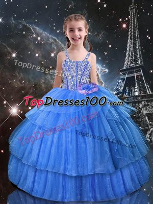 Light Blue Straps Lace Up Beading and Ruffled Layers Pageant Gowns For Girls Sleeveless