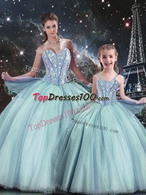 Customized Light Blue Sleeveless Tulle Lace Up Sweet 16 Quinceanera Dress for Military Ball and Sweet 16 and Quinceanera
