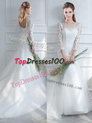 Discount White Lace Up Scoop Lace Bridal Gown Tulle Long Sleeves Court Train