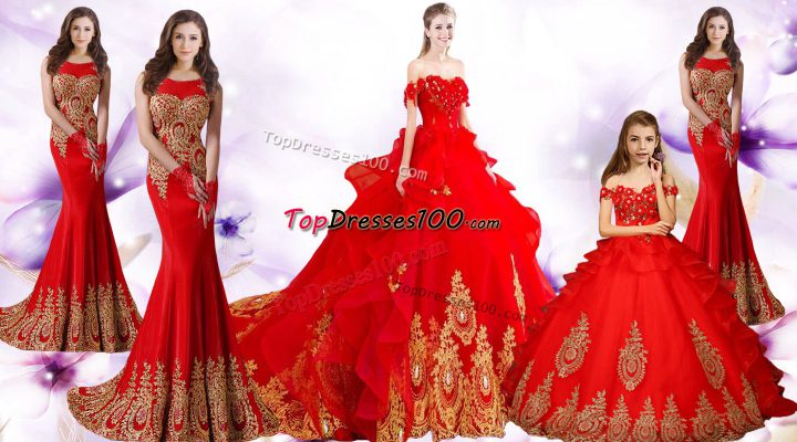 Red Sweetheart Neckline Beading and Appliques and Embroidery Vestidos de Quinceanera Sleeveless Lace Up