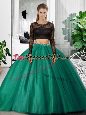 Pretty Dark Green Long Sleeves Lace and Ruching Floor Length Sweet 16 Dresses