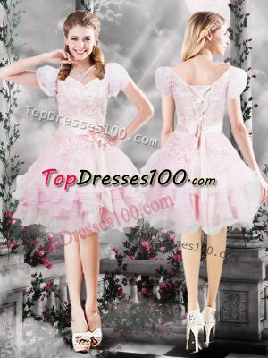 Dynamic Organza V-neck Short Sleeves Lace Up Beading and Appliques and Ruffles and Hand Made Flower Homecoming Dress in Baby Pink
