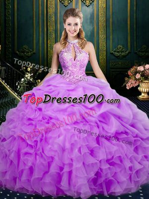 Halter Top Sleeveless Organza Sweet 16 Dress Beading and Ruffles and Pick Ups Lace Up