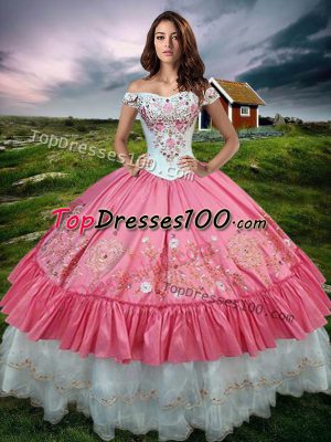 Amazing Taffeta Off The Shoulder Sleeveless Lace Up Beading and Embroidery and Ruffled Layers Vestidos de Quinceanera in Hot Pink