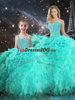 Luxurious Floor Length Turquoise Sweet 16 Quinceanera Dress Organza Sleeveless Beading and Ruffles
