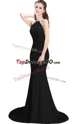 Beauteous Elastic Woven Satin Halter Top Sleeveless Brush Train Side Zipper Beading Prom Dresses in Black