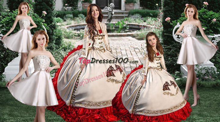 Taffeta Sweetheart Long Sleeves Brush Train Lace Up Embroidery Sweet 16 Dress in White