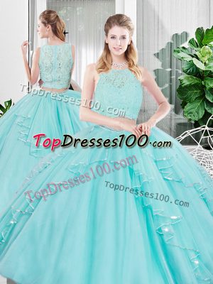 Hot Selling Two Pieces Sweet 16 Quinceanera Dress Aqua Blue Scoop Tulle Sleeveless Floor Length Zipper