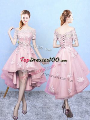 Discount Baby Pink Vestidos de Damas Prom and Party and Wedding Party with Lace Off The Shoulder Short Sleeves Lace Up