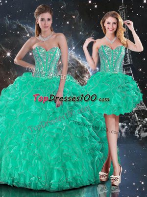 Turquoise Sleeveless Floor Length Beading and Ruffles Lace Up Vestidos de Quinceanera