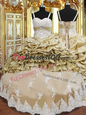 Dazzling Champagne Taffeta Lace Up Straps Sleeveless Floor Length Ball Gown Prom Dress Beading and Appliques and Ruffled Layers and Pick Ups