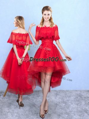 Unique Wine Red A-line Off The Shoulder Half Sleeves Organza High Low Lace Up Appliques Bridesmaid Gown