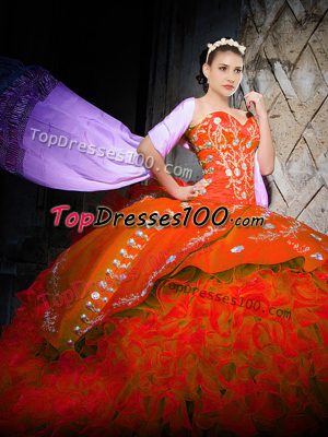 Pretty Orange Red Ball Gowns Embroidery and Ruffles 15 Quinceanera Dress Lace Up Organza Sleeveless