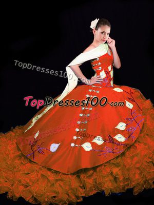 Taffeta Sleeveless Quinceanera Gowns Brush Train and Embroidery and Ruffles