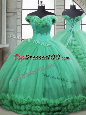 Fantastic Brush Train Ball Gowns Sweet 16 Quinceanera Dress Turquoise Off The Shoulder Fabric With Rolling Flowers Sleeveless Lace Up