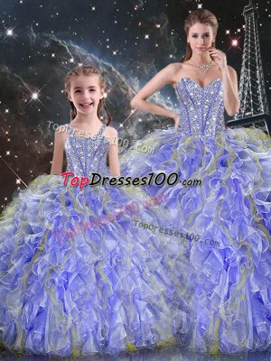 Lavender Sleeveless Floor Length Beading and Ruffles Lace Up Sweet 16 Quinceanera Dress