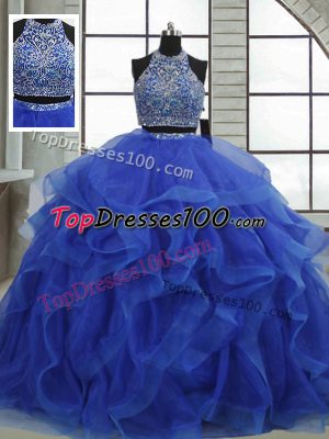 Artistic Halter Top Sleeveless Quinceanera Dress Floor Length Beading and Ruffles Royal Blue Organza