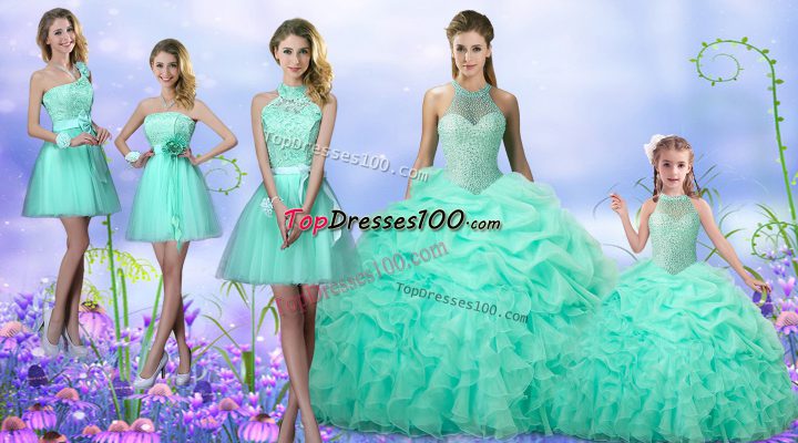 Floor Length Apple Green Quinceanera Gowns Organza Sleeveless Beading and Ruffles and Pick Ups