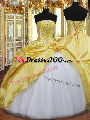 Fine Gold Strapless Neckline Beading and Hand Made Flower Ball Gown Prom Dress Sleeveless Lace Up