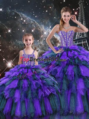 Sleeveless Organza Floor Length Lace Up 15 Quinceanera Dress in Multi-color with Beading and Ruffles and Ruffled Layers