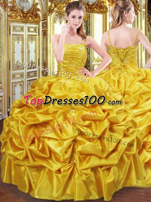 Chic Gold Ball Gowns Beading and Pick Ups Quinceanera Dress Lace Up Taffeta Sleeveless Floor Length