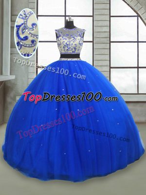Royal Blue Sleeveless Tulle Lace Up Ball Gown Prom Dress for Military Ball and Sweet 16 and Quinceanera