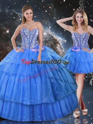 Sweetheart Sleeveless Sweet 16 Dresses Floor Length Ruffled Layers and Sequins Baby Blue Organza