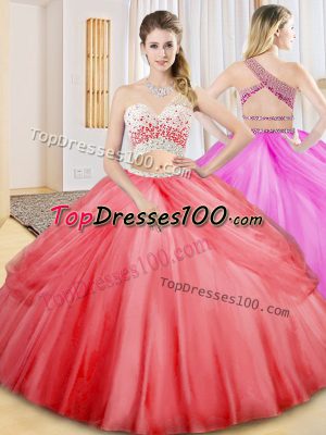 Customized Beading and Ruching and Pick Ups 15th Birthday Dress Coral Red Criss Cross Sleeveless Floor Length