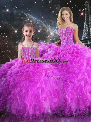 Luxurious Sweetheart Sleeveless Lace Up 15 Quinceanera Dress Fuchsia Organza