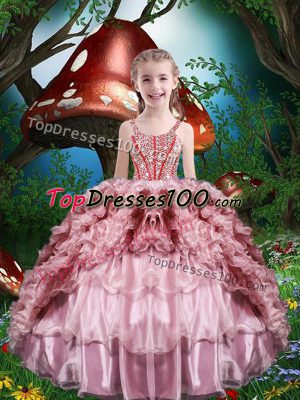 Floor Length Baby Pink Little Girls Pageant Dress Organza Sleeveless Beading and Ruffles and Ruffled Layers