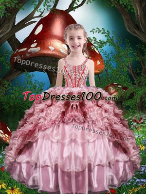Floor Length Baby Pink Little Girls Pageant Dress Organza Sleeveless Beading and Ruffles and Ruffled Layers