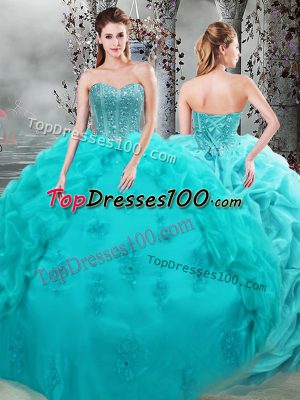 Custom Designed Aqua Blue Sleeveless Organza Lace Up Ball Gown Prom Dress for Military Ball and Sweet 16 and Quinceanera