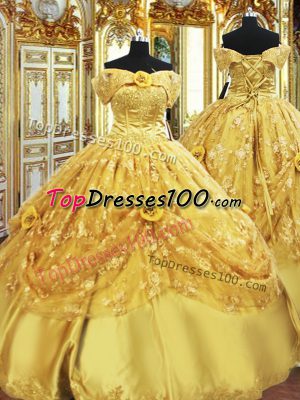 Gold Ball Gowns Tulle Strapless Sleeveless Beading and Appliques and Hand Made Flower Floor Length Lace Up Quince Ball Gowns