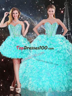 Aqua Blue Two Pieces Strapless Sleeveless Organza Floor Length Lace Up Beading and Ruffles Quinceanera Dress