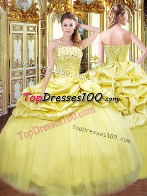 Gold Ball Gowns Strapless Sleeveless Taffeta Floor Length Lace Up Beading and Pick Ups Vestidos de Quinceanera