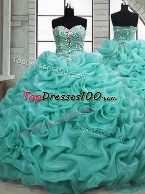 Nice Turquoise Lace Up Quinceanera Gowns Beading and Pick Ups Sleeveless Brush Train