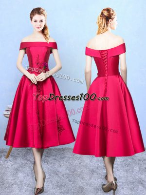 Taffeta Off The Shoulder Cap Sleeves Lace Up Appliques Dama Dress in Wine Red