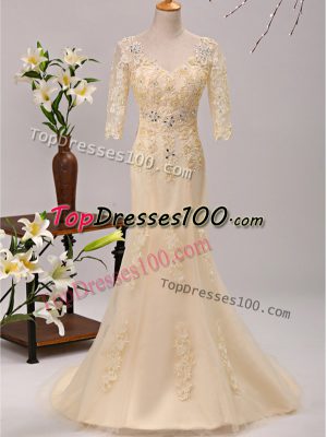New Style Champagne V-neck Neckline Beading and Lace and Appliques Mother Dresses 3 4 Length Sleeve Lace Up